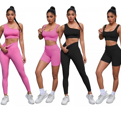 INSPIRE CHIC 2 Sets Women's Exercise Yoga Outfits Scoop Neck Seamless Ribbed Shorts High Waist Shapers