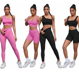 INSPIRE CHIC 2 Sets Women's Exercise Yoga Outfits Scoop Neck Seamless Ribbed Shorts High Waist Shapers - 1 of 4