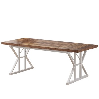 Lirago,Farmhouse Dining Table - Vintage Brown Top, White Trestle Base, Rustic Dining for 6 People
