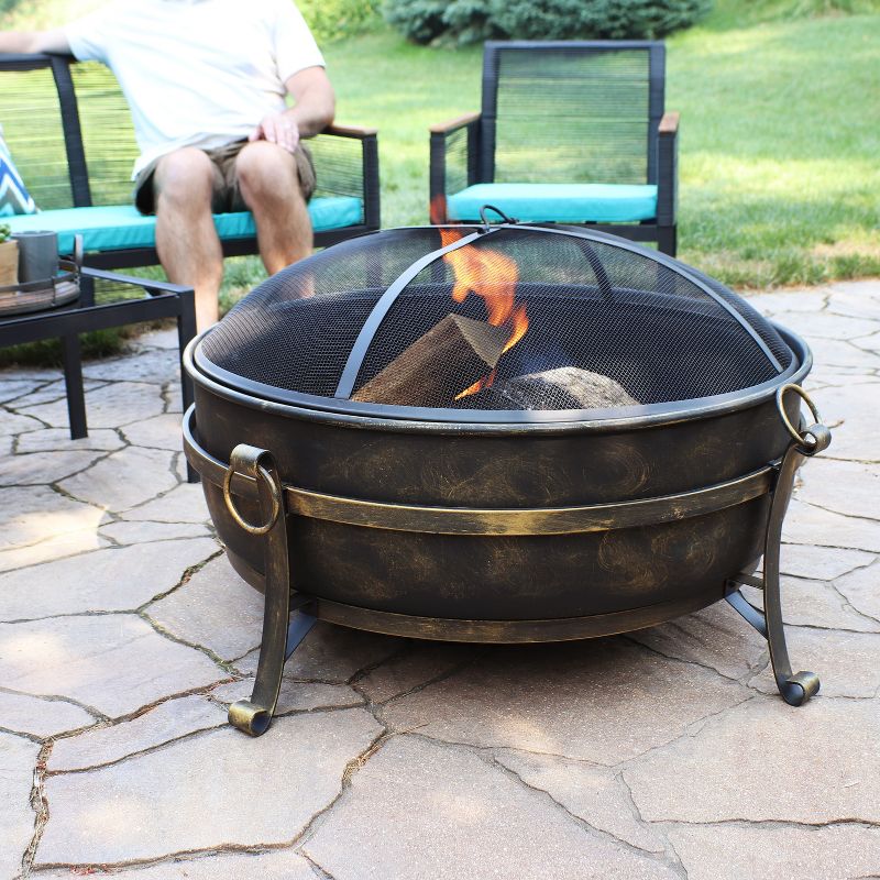 Sunnydaze Outdoor Camping or Backyard Round Cauldron Fire Pit with Spark Screen, Log Poker, and Metal Wood Grate, 3 of 12