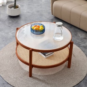 CENGHU Modern Simple Round Double-Layer Coffee Table, Solid Wood Glass Desktop Tea Table Rattan Woven, Side Table for Living Room, Walnut - 1 of 4