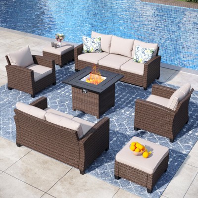 Captiva Designs 7pc Outdoor Patio Wicker Rattan Cushioned Fire Pit Set with Ottomans and Loveseat