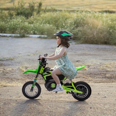 Green 36V Ride On Dirt Bike For Kids With Led Headlight Leather Seat Disc Brakes Air Filled Tires Max Load 175 Lbs Max Speed 15 Point Five Miles Per