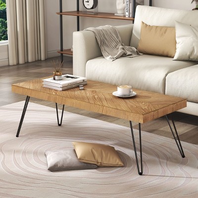 Ash Wood Finished Coffee Table With Metal Hairpin Legs,Easy Assembly Tea Table,Rectangle Coffee Table,Coffee Tables For Living Room-Cuddlewood