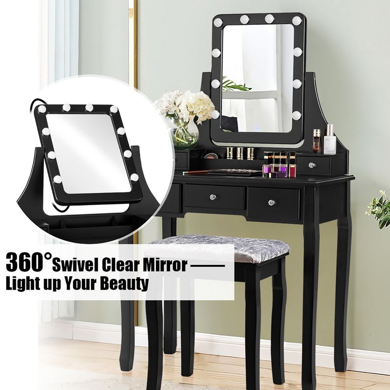 Costway Vanity Dressing Table Set w/ 10 Dimmable Bulbs Touch Switch Cushion Stool White\Black\Brown, 4 of 11