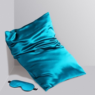 2 Pcs Standard Silk 350 Thread Count Gift Set Pillowcase and Eye Cover Peacock Blue - PiccoCasa