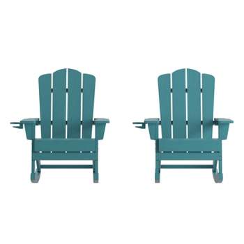 Flash Furniture Newport HDPE Adirondack Chair with Cup Holder and Pull Out Ottoman, All-Weather HDPE Indoor/Outdoor Chair, Set of 2