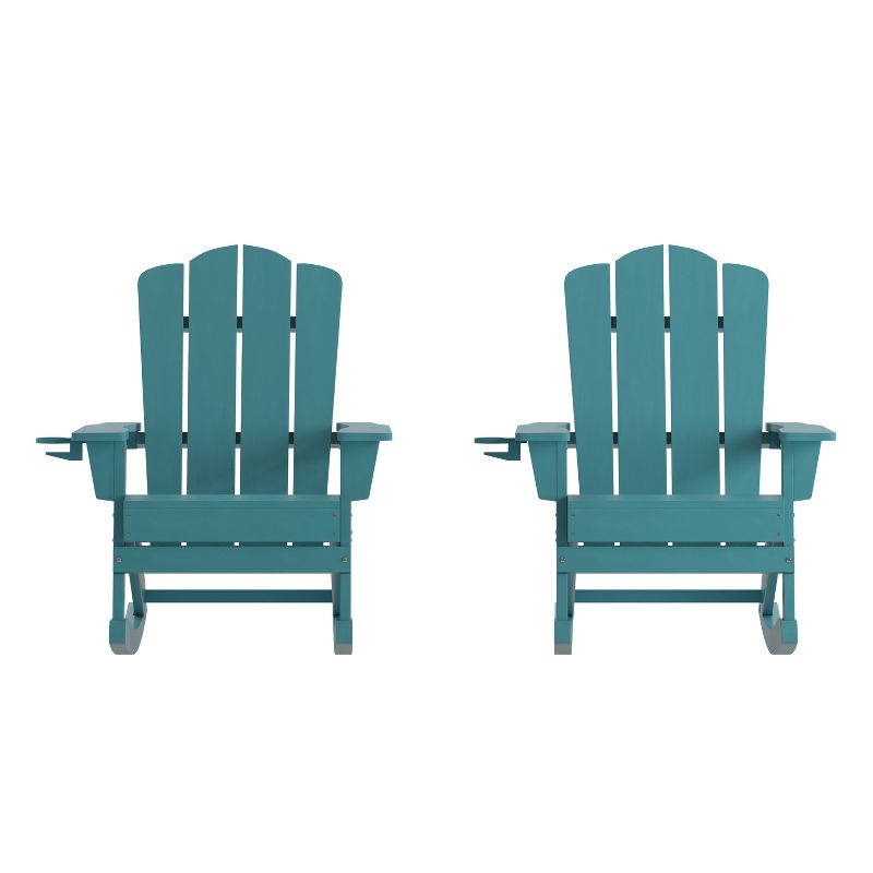 Flash Furniture Newport HDPE Adirondack Chair with Cup Holder and Pull Out Ottoman, All-Weather HDPE Indoor/Outdoor Chair, Set of 2, 1 of 12