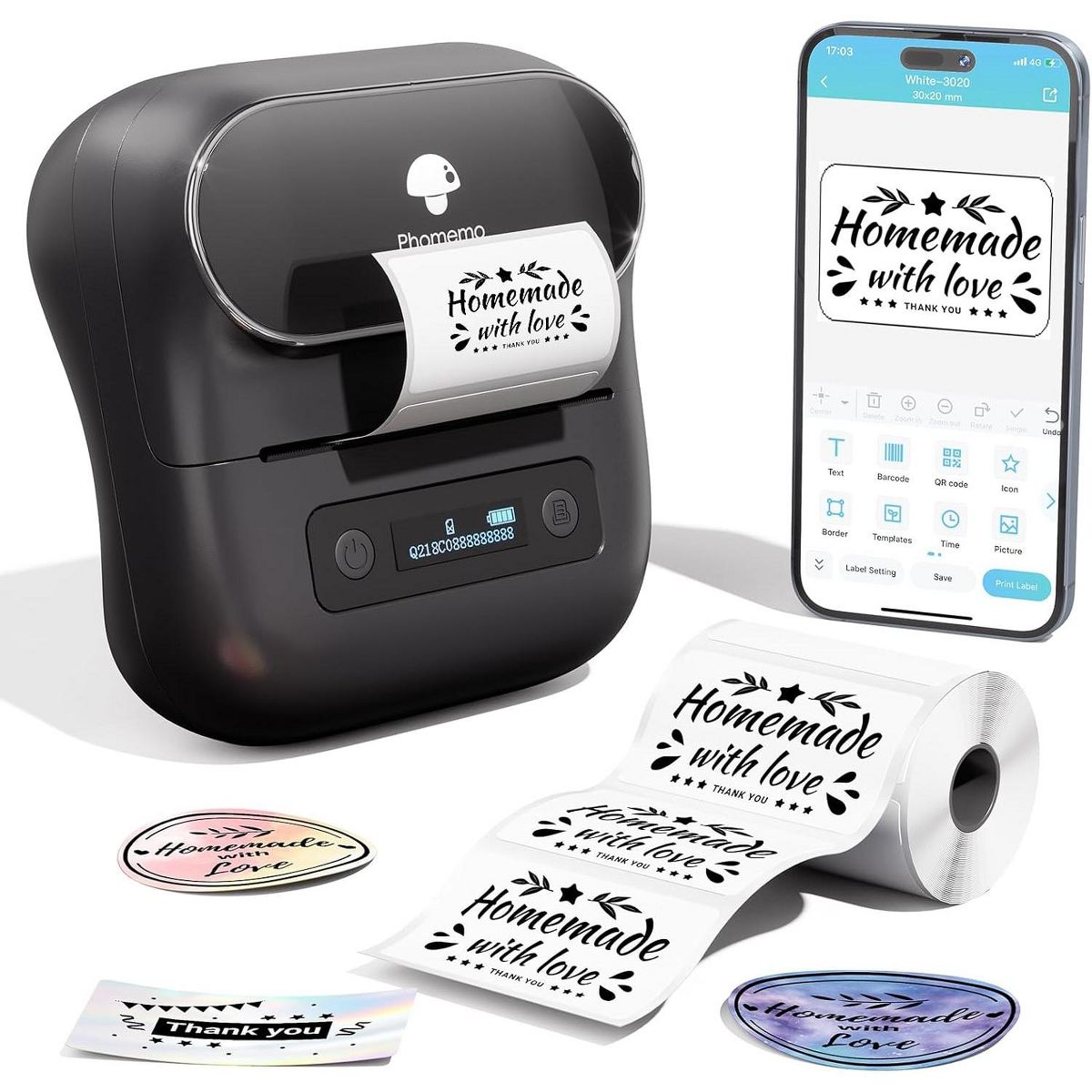 Phomemo M220 3.15’‘ Label Maker For Product Labels, Stickers, Logo - Black