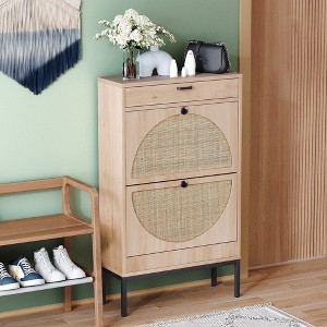 Brafab Shoe Storage Cabinet with 2 Flip Drawers and Open Shelf Natural Rattan Narrow Slim Shoe Organizer Rack Wooden with Metal Legs - 1 of 4