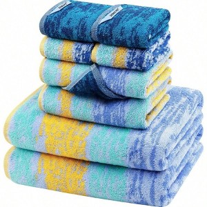 Bath Towel Set of 8: 2 Bath Towels, 2 Hand Towels, 4 Washcloths, 100 Cotton, Hanging Loops, Colorful Starry Night Collection. - 1 of 4