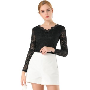 INSPIRE CHIC Women's Floral Embroidery Sheer Long Sleeves Lace Blouse - 1 of 4