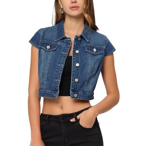 INSPIRE CHIC Women's Summer Denim Button Down Short Sleeve Cropped Jean Jackets - 1 of 4