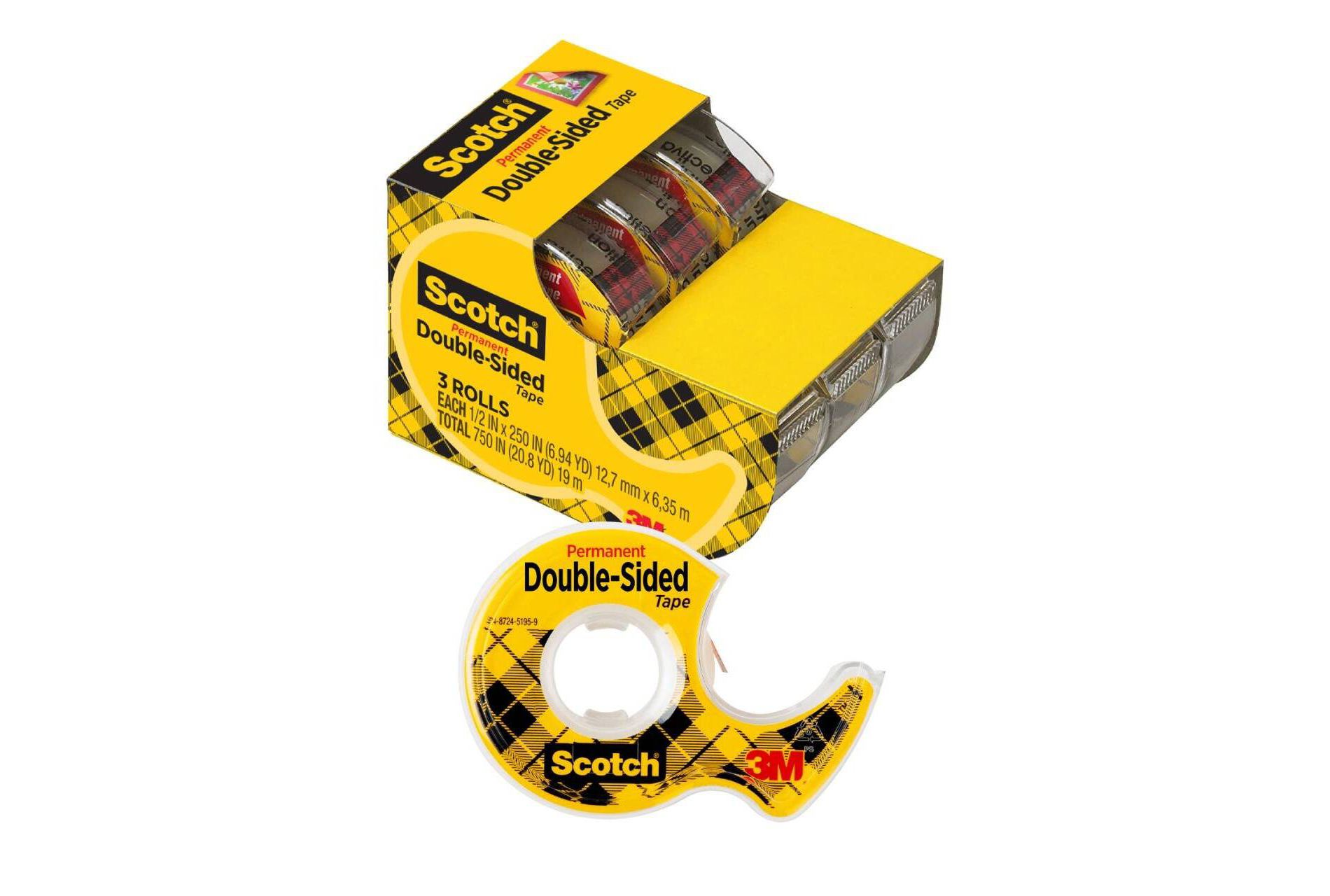 Scotch Double Sided Tape, Office and School Supplies, 0.5 in. x 250 in., 3 Tape Rolls With Tape Dispenser: Clear Plastic, Double Stick, Two Sided