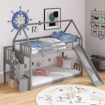 Twin over Twin Bunk Bed in House Shape with Slide and Storage Staircase-ModernLuxe