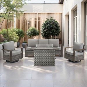 4 Pieces Patio Furniture Set with 41" Propane Fire Pit Table, Deep Seating Wicker Sofa Couch with Swivel Glider Chairs Set Patio Conversation Set - 1 of 4