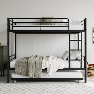 GDFStudio Calla Modern Metal Bunk Bed Frame with Trundle, Ladder and Full-Length Guardrail - 1 of 4