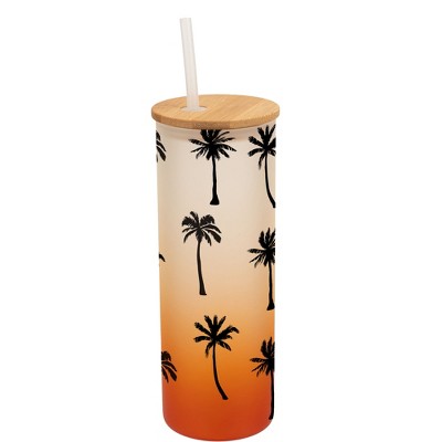 Elanze Designs Palm Tree Ocean Beach Life Wrap-Around Design 25 Ounce Frosted Gradient Glass On-The-Go Coffee Travel Skinny Tumbler Mug Cup, Bamboo