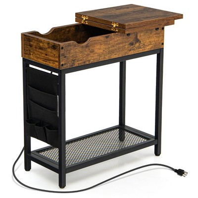 Tangkula End Table with Charging Station Industrial Nightstand Flip Top Side Pocket USB