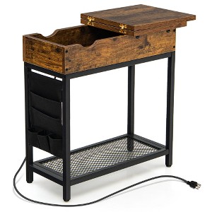 Tangkula End Table with Charging Station Industrial Nightstand Flip Top Side Pocket USB - 1 of 4