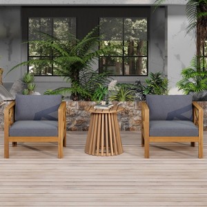 FIONECA Patio Conversation Set, 2 Acacia Wood Armchairs with Dark Grey Cushions & Side Table, Outdoor Leisure Set for Backyard, Lawn, Balcony - 1 of 4