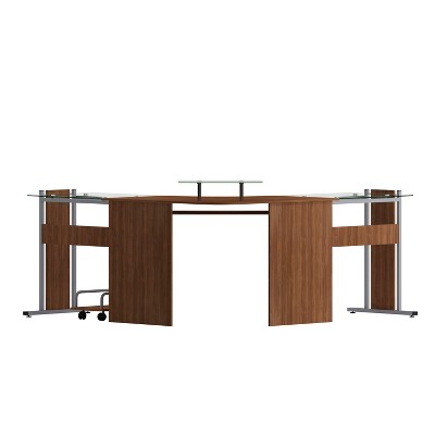 Maple and Glass Corner Desk with Keyboard Tray and CPU Cart