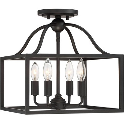 Franklin Iron Works Rustic Ceiling Light Semi Flush Mount Fixture Black 13" Wide 4-Light Open Square Cage Bedroom Kitchen Hallway