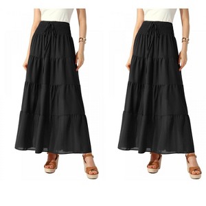 Allegra K Women's Boho Summer Smocked Elastic Waist Tiered A-Line Beach Maxi Skirt 2 Packs - 1 of 4