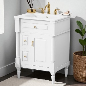 Mshliw 24" Freestanding Bathroom Vanity with Ceramic Sink, Flip Drawer, 2 Storage Drawers & Adjustable Shelf, Solid Rubberwood Frame - 1 of 4