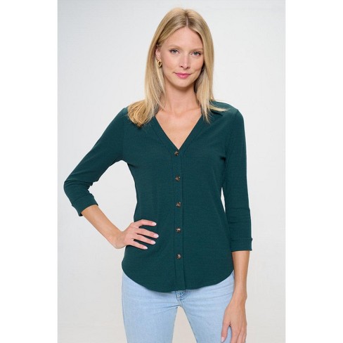 WEST K Women s Amaya Rib Knit Button Down Collar Top Medium Hunter Green