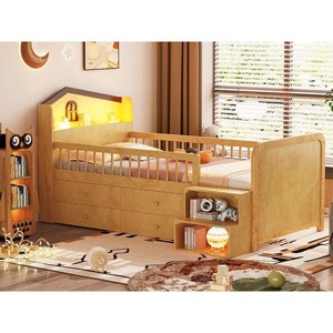 NicBex Non-Toxic Pinewood Low Loft Bed with LED,Storage Ladder&Drawers,Versatile Kids Floor Bed Frame,Low Loft Bed Platform with 300lbs Max - 1 of 4