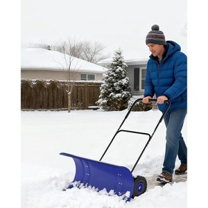 Heavy-Duty Steel Snow Pusher with Wheels, Adjustable Blade & Height Handle, Back-Saving Driveway Snow Plow for Efficient Removal - 1 of 4