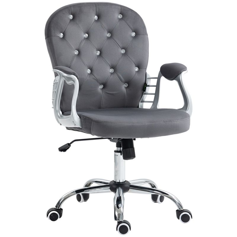 Vinsetto Vanity Velvet Mid Back Office Chair Swivel Tufted Backrest Task Chair with Padded Armrests, Adjustable Height, Rolling Wheels, Dark Gray, 1 of 7