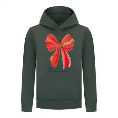 Everyday Kids Christmas Collection Festive Red & Gold Bow Girls Pullover Hoodie – Holiday Sweatshirt - Green