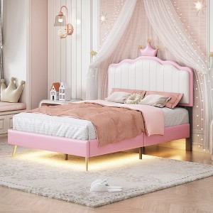 Full/Twin Size Upholstered Princess Bed With Crown Headboard, Light Strips and Golden Metal Legs, White+Pink 4W - ModernLuxe - 1 of 4