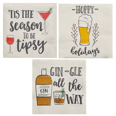 Juvale Cocktail Napkins - 150-Pack Disposable Paper Napkins, Christmas Holidays Dinner Party Supplies, 3-Ply, 3 Assorted Drinking Design, White, 5x5"