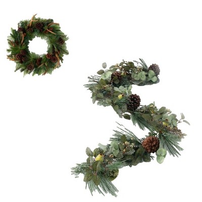 Sullivans Artificial Pine and Antler 28"H Wreath and 6'L Garland Set, Green