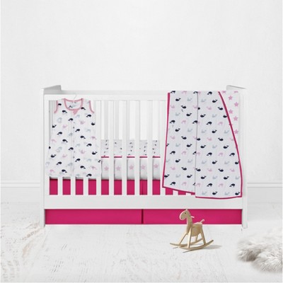 Bacati - Girls Nautical Muslin Whales Boat Pink Blue Navy 4 pc Crib Bedding Set with Sleeping Bag