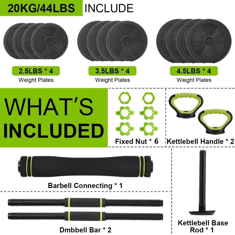 Adjustable Kettlebell Set, 4 in 1 Adjustable Dumbbell Set,44lbs/66lbs/88lbs Weight Set, 2 of 9