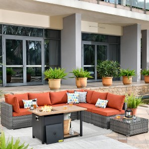 Ovios Venice 8pc Wicker Outdoor Patio Furniture Set Conversation Sofa with a Storage Fire Pit and Cushions - 1 of 4