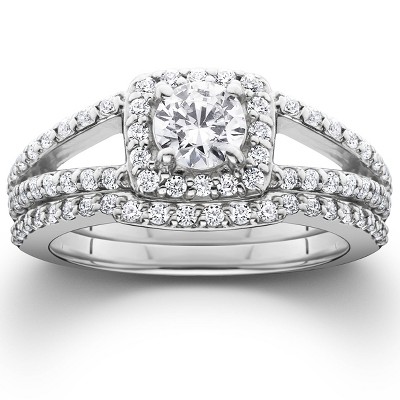 Pompeii3 1 1/5ct Pave Halo Split Shank Diamond Engagement Wedding Ring Set 14K White Gold