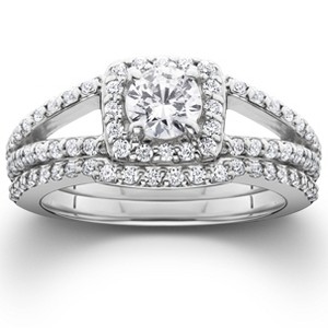 Pompeii3 1 1/5ct Pave Halo Split Shank Diamond Engagement Wedding Ring Set 14K White Gold - 1 of 4