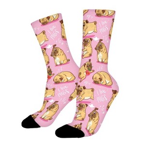 Cartoon Pink Puppies Pugs Women Printed Crew Socks Funny Funky Socks Soft Polyester Novelty Gifts for Artists Men - 1 of 1