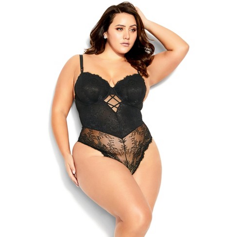 Curvy Couture Womens Plus Size No Show Lace Bodysuit Black Hue M