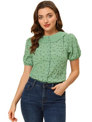 Allegra K Women's Floral Pleated Collar Puff Sleeves Button Down Shirt