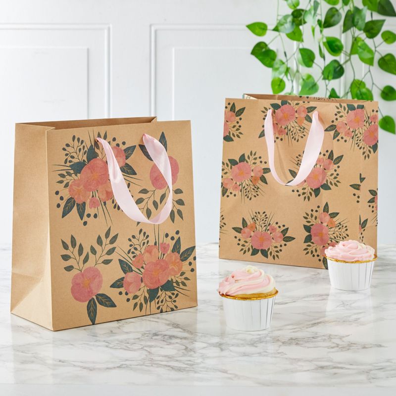 Juvale 24 Pack Kraft Paper Floral Gift Bags with Pink Ribbon Handles, 8x4x9 Inches, 2 Designs, For Themed Party Favors, 3 of 9