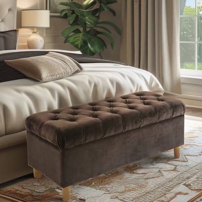 Chocolate Brown Velvet Tufted Storage Bench with Honey Oak Legs
