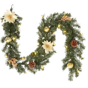 6ft Pre-Lit Christmas Garland with 20 LED Lights, Pinecones, Red Berries & Poinsettias - 1 of 4