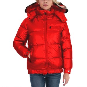 Spire By Galaxy Women's Full Zip Heavyweight Bubble Jacket With Detachable Faux Fur Hood - 1 of 3