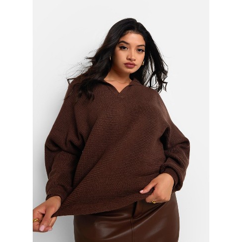 Rebdolls Women's Elsie Knit Zipper Front Oversized Sweater - Brown - 5X